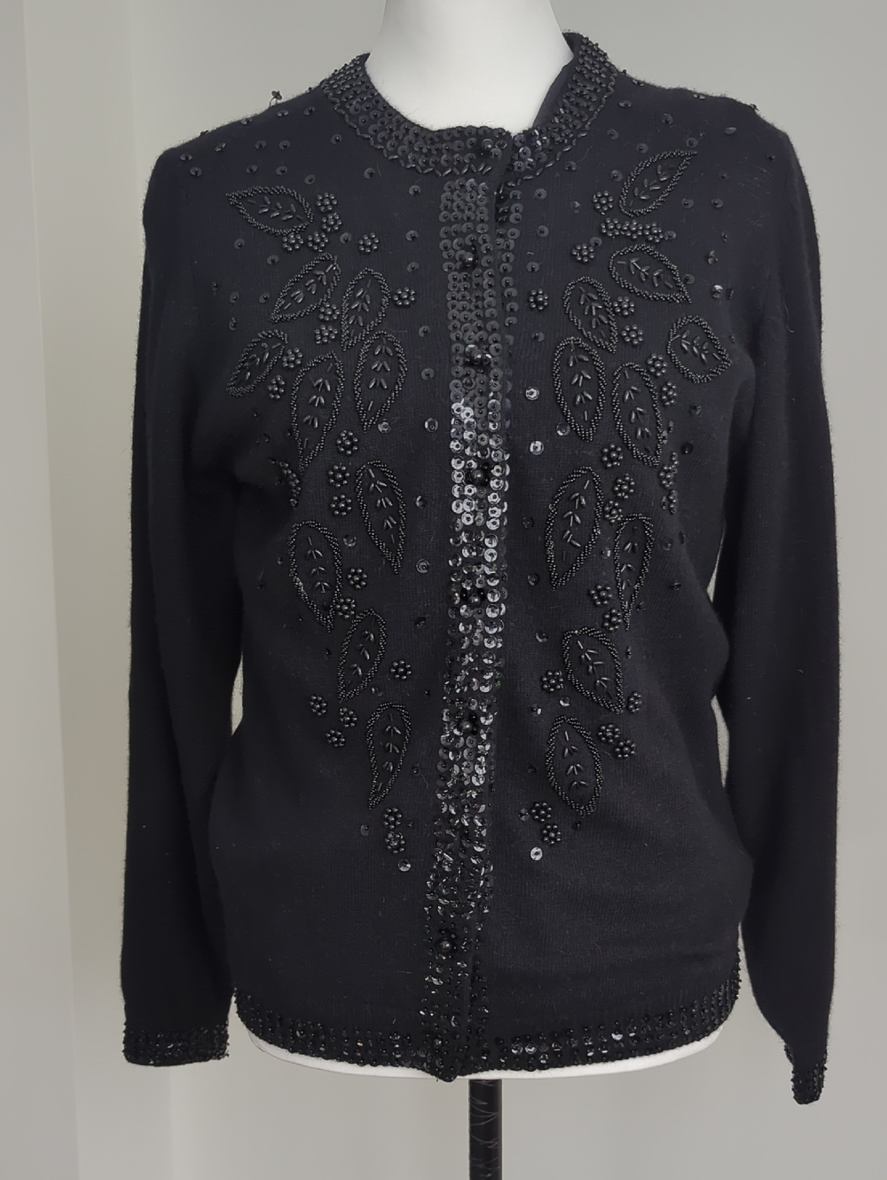 Vintage Black Beaded Leaf-Embellished Cardigan - Picture 4 of 8